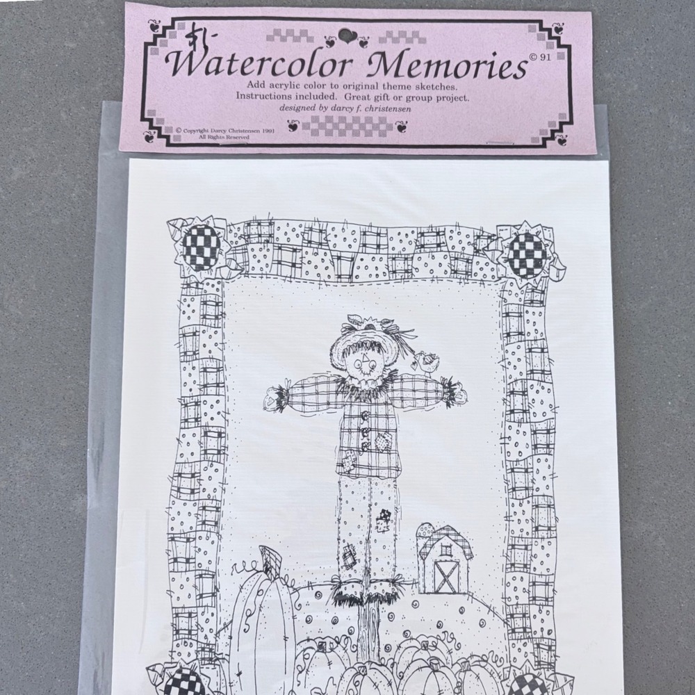 Vintage 1991 Watercolor Memories Scarecrow Theme Sketch Darcy F Christensen NEW